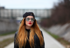 women, model, outdoors, baseball cap, sunglasses, jacket, red lipstick wallpaper