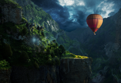 mountains, cave, rocks, fog, birds, clouds, sky, hot air balloon wallpaper