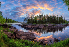 kiiminki, nature, landscape, forest, river, stones, dawn, finland, trees, island, reflection, morning wallpaper