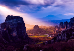 greece, nature, landscape, mountains, meteora, monastery, evening, sunset wallpaper