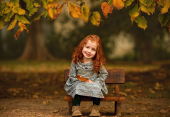 baby, girl, redhead, smile, nature, autumn, leaves, bench wallpaper