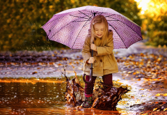 child, girl, joy, nature, autumn, puddle, mud, umbrella, spray wallpaper
