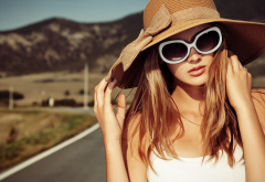 road, sun hats, blonde, tank top, girl, woman, white clothing, rings, looking at viewer, depth of fi wallpaper