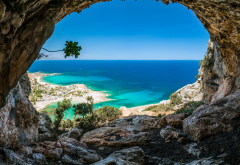 cave, sea, rocks, ocean, beach, crete, greece, nature wallpaper