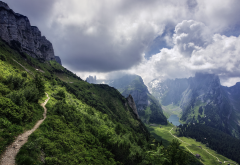 alps, switzerland, mountains, clouds, sky, path, lake, landscape, saint-gallen, appenzell wallpaper
