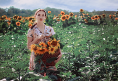 summer, field, sunflowers, girl, women wallpaper