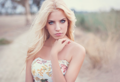 blonde, blue eyes, looking at viewer, depth of field, face, bare shoulders, women wallpaper