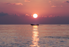 sea, boat, sunset, horizon, thoddoo, maldives, nature wallpaper