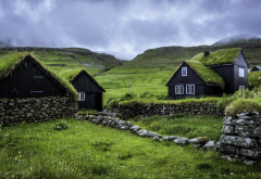 faroe islands, small houses, green grass, clouds, overcast, grass wallpaper