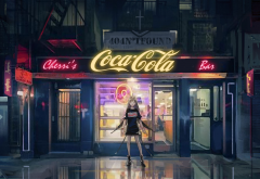 girl, street, cafe, sign, coca cola, art, anime wallpaper