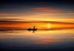 boat, silhouette, sea, sunset, retouching wallpaper