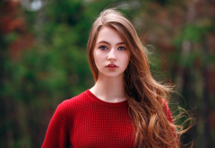 women, face, blue eyes, long hair, red sweater, brunette wallpaper