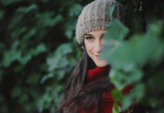 woolen, smiling, brunette, gray eyes, scarf, nature, long hair, women wallpaper