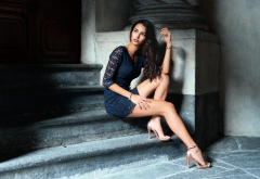 women, model, brunette, dress, sitting, stairs, heels, sexy legs wallpaper