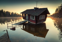 kirkkonummi, sauna, tampaja lake, finland, lake, wooden house, trees, morning, sunrise, forest wallpaper