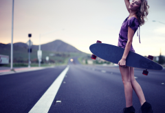 short dress, back, looking at viewer, blonde, purple dresses, skateboard, skateboarding, depth of fi wallpaper