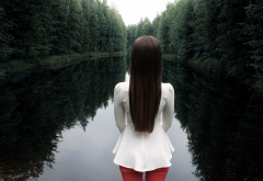 women, nature, forest, lake, brunette, long hair wallpaper