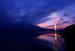 mountain, fuji, fireworks, japan, nature wallpaper