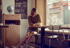 sweater, skirt, knee-highs, sitting, polka dots, red lipstick, women indoors, globes, chair wallpaper
